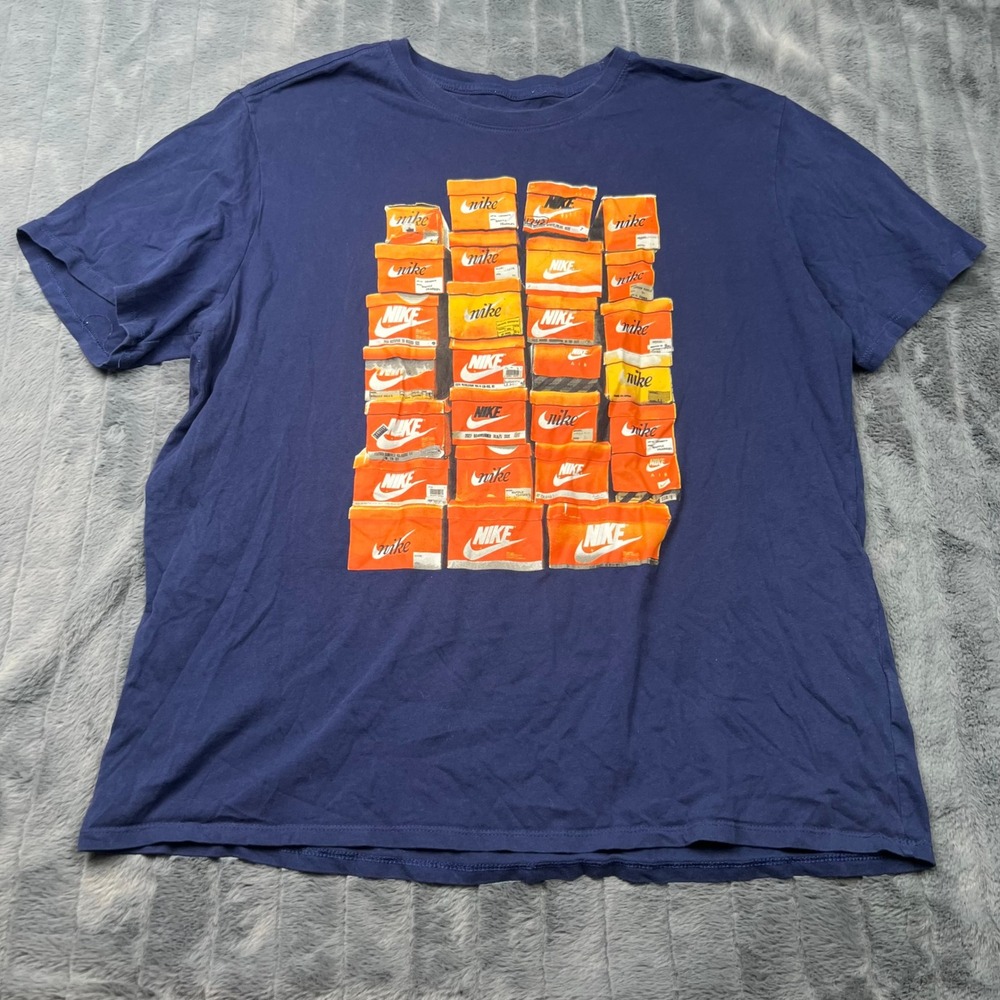 Nike Mens XXL Navy Blue Graphic T-Shirt Orange Shoe Box Grid Print Athletic Cut